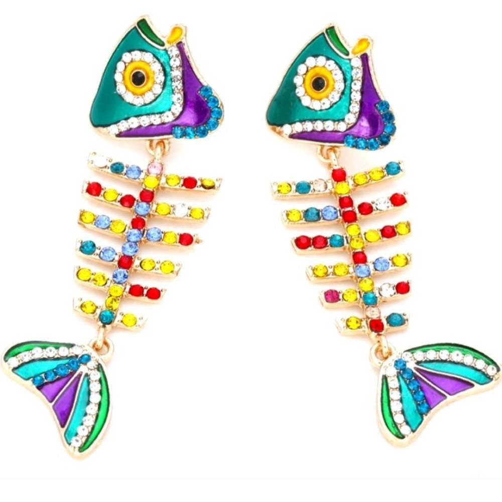 Callie Prosperity Wishbone Multi Rhinestone Blingy Fishbone Earrings - Picture 3 of 7